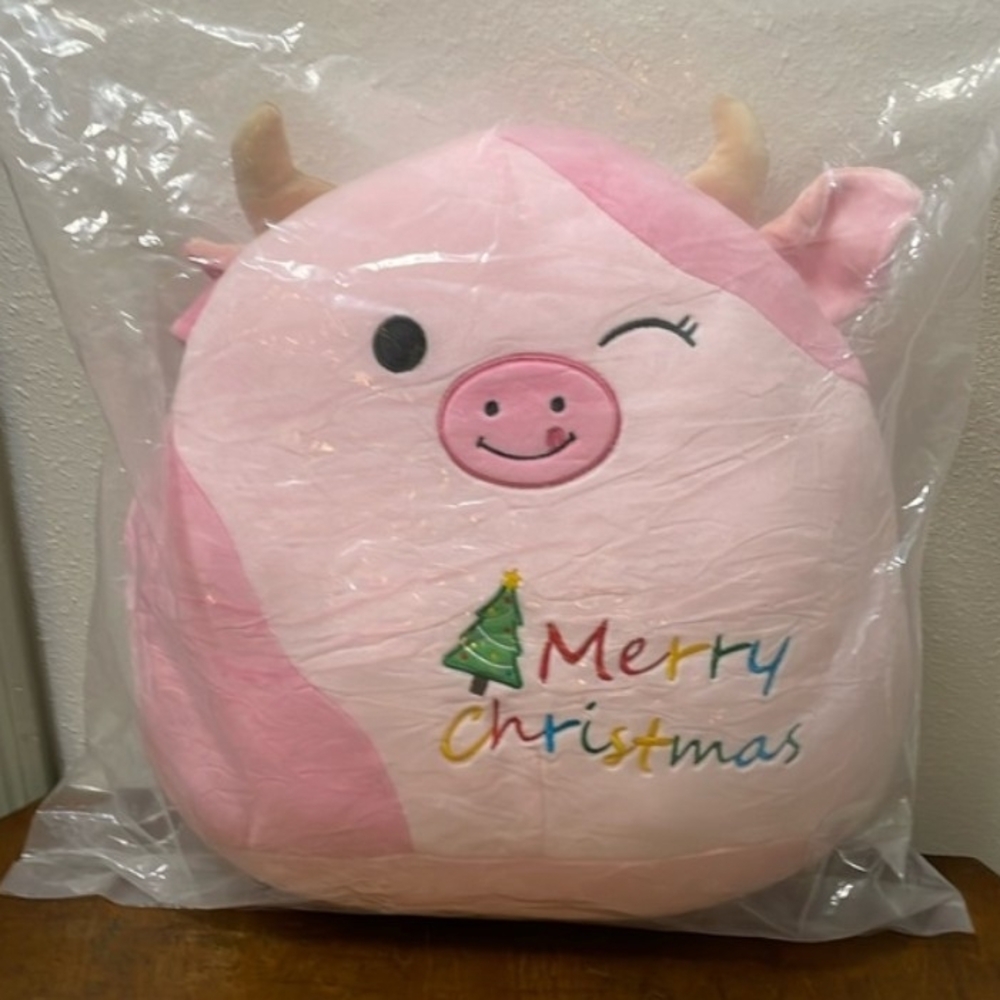 NEW 16” Merry Christmas Pink Soft Squishy Stuffed Cow Plush Pillow Toy - Picture 5 of 5